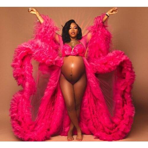 Hot Pink Tulle Maternity Robes For Photo Shoot Long Sheer Sexy Bridal Pregnancy Tulle Dress Gowns Long Sleeves Sexy Tulle Robe