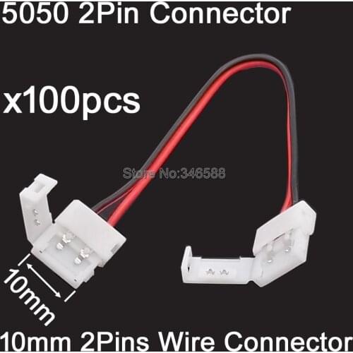 100x 15cm Extension Wire Cable with 2Pins 2-Pin Welding Free FPC PCB 2-Way Connector for 10mm Width 5050 Single Color LED Strip