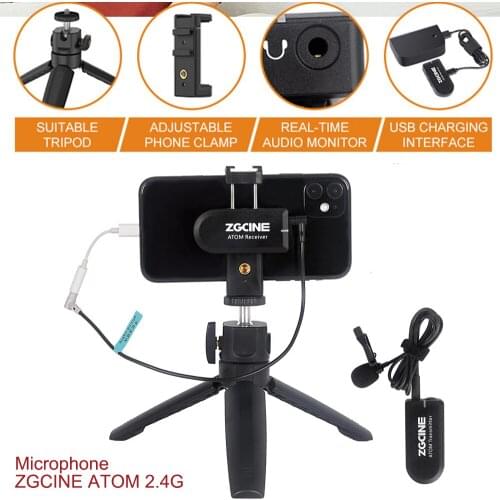 ZGCINE ATOM Universal Lapel Mic Microphone Receiver Kit With Tripod 2.4G Wireless Microphone for Smartphone DSLR Camera