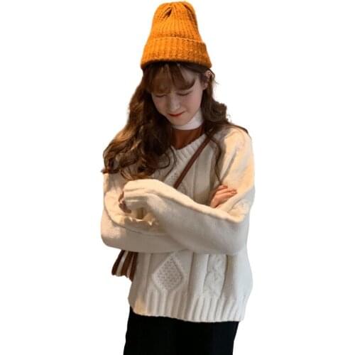 Vintage Lingge Sweater Women Korean Casual Solid V-Neck Twist Long Sleeve Oversized Knitwear Female All Match Slim Jumper Winter
