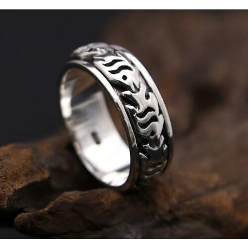 Solid Silver 925 Rotating Spinner Ring Men Fish Center Band Real 925 Sterling Silver Material Craft Mens Jewelry Lucky Band Gift