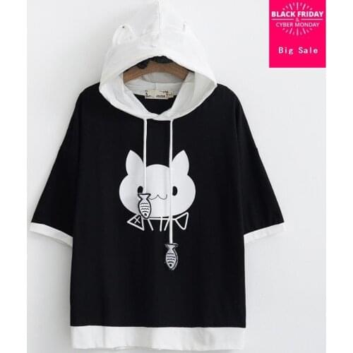 Japanese Mori girl 2018 summer new printing patchwork cartoon hooded t-shirt female Cotton cute girl college style T-shirt L199