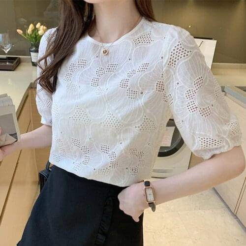 2021 Summer New White Blouse Short Sleeve Blouse Embroidery Elegant Korean Hollow Out Fashion Blusas Temperament Woman 14165