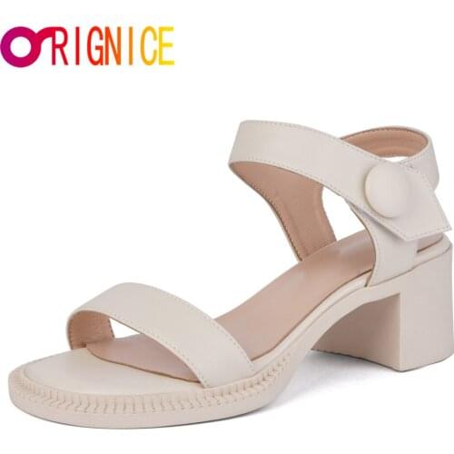 Orignice Summer Women Concise Sandals Genuine Leather Neutral Style Rome Round Toe Thick Heels Comfortable New Casual Shoes