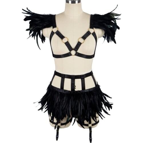 Full Body Harness Bra And Feathers Skirt For Women Fashion Sexy Cage Bondage Lingerie Punk Gothic Style Dance Festival Rave Wear