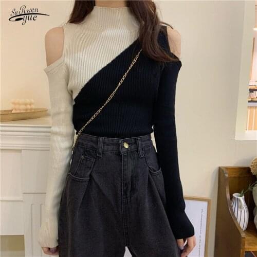 All-match Color Matching Long-sleeved Body Knit Sweater Top Women Spring and Fall Thin New Slim Slimming Bottoming Shirt 16794