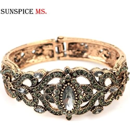 Sunspicems Vintage Turkish Grey Crystal Women Cuff Bracelet Bangle Ethnic Wedding Jewelry Antique Gold Color India Bridal Gift