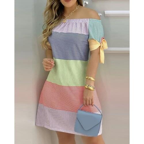 2021 Women Striped Print Colorblock Off Shoulder Short Sleeve Street Daily Wear Summer Casual Dress Fashion Mini Party Dress New