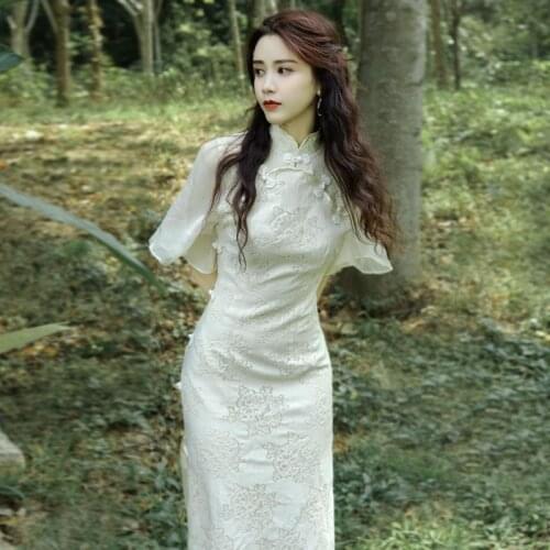 2021 womens dress summer short sleeve Japanese Chinese lotus leaf sleeve bone erosion cheongsam girl young French style long