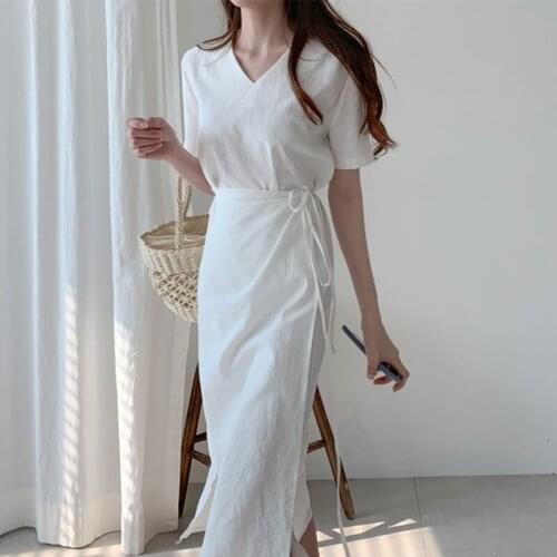 AIYANGA White Cotton Vintage Dress Women Summer 2019 V-neck Sashes High Waist Faux Two Piece Long Dress Female Casual Vestidos
