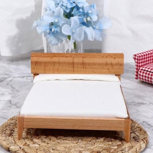 1/12 Dollhouse Mini Double Bed Home Bedroom Furniture Toy Gift Living Room Furniture Model Beautiful Handmade Wooden Mini Toy