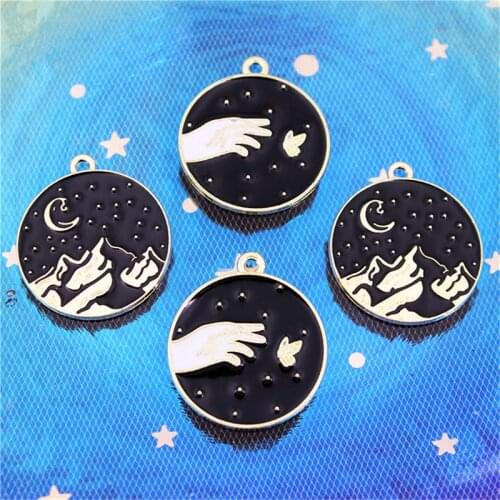 Julie Wang 10pcs Enamel Black Charms Round Alloy Night Sky And Hand Pendant Necklace Bracelet Jewelry Making Accessory