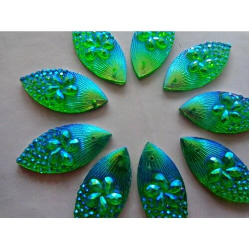 Free shipping 50pcs 11*24mm Navette shape flatback crystal Green AB colour rhinestones sew on resin gem stones free shipping