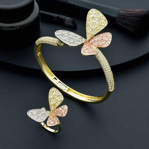 ModemAngel Luxury Butterfly Super AAA Cubic Zirconia 3Tone Party Gift Bracelets Bangle And Ring Set For Women