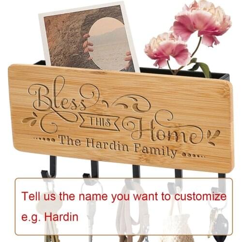 Customized Bamboo Wood Key Racks Personalized Engraved Bless This Home The xxx Family 5 Hooks Wall-Hanging Type Sundries Hanger