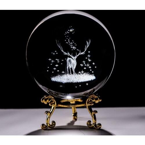 Crystal 3D Ball Laser Engraved Wapiti Miniature Glass Deer Sphere Paperweight Home Desk Decorative Ornament Birthday Dora Gifts
