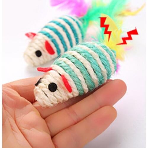 Pet Cat Toy Colorful Sisal Mouse With Feather Tail Cartoon Rat Pet Toy Anti-resistant Squeak Toy Mice For Cats Kitten Molar