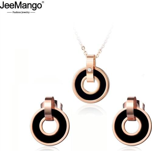 JeeMango Black/Pink Acrylic Double Circle Earrings Necklace Sets Rose Gold Stainless Steel Wedding Set Jewelry For Women JSE006
