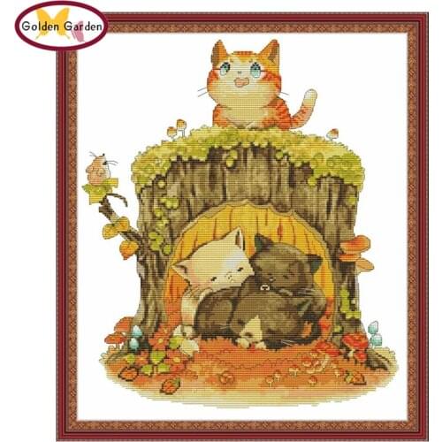 GG Kitten Under The Stump Stamped Cross Stitch Painting Embroidery Needlework Set Joy Sunday 14CT Counted Cross Stitch for Decor