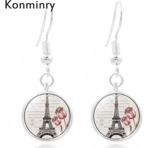 Konminry Romantic Eiffel Tower Hook Earrings Handmade Glass Drop Earrings For Women Vintage Flower New Arrival Jewelry