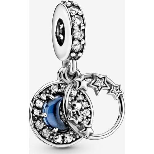 New 925 Sterling Silver Dark Blue Night Sky Star and Moon Pendant Fit Original 3mm Bracelet&Bangle Making Fashion DIY Jewelry