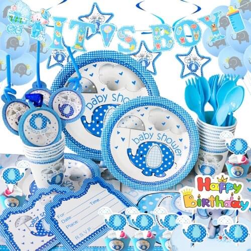 Boy Baby Shower Party Supplies Newborn Baptism 1st Birthday Party Decoration Blue Elephant Kids Boy Gender Reveal DIY Decor