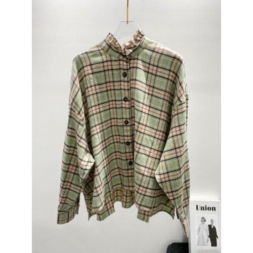 Fashion 2021 New Ladies Long Sleeve Sexy Casual Fungus Lace Collar Check Shirt 1126