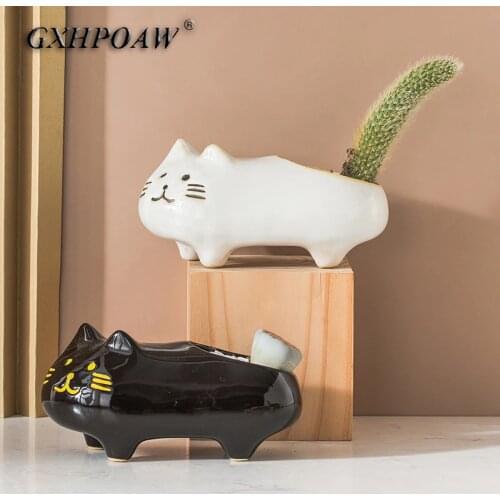 Cartoons Black And White Cat Flower Pot Animal Ceramic Flowerpot Cute Vase Cactus Succulent Potted Flower Arrangement Home Decor