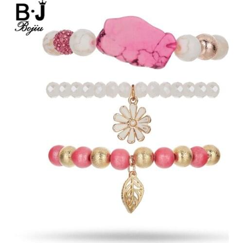 BOJIU Round Beads Bracelet Sets For Women Gold Plant Pendant Crystal Bracelet femme Natural Stone Bracelet In Jewelry BCSET61