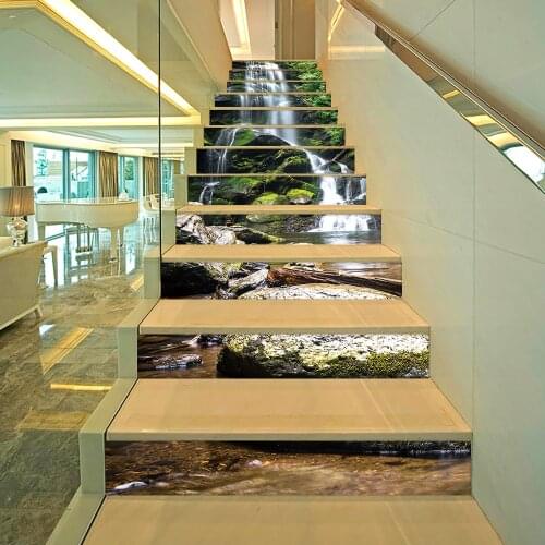 6/13pcs Mountains and Rivers Waterfall Stairway Wall Sticker Stairs Step Floor Decoration Wallpaper Peel & Stick Vinly Art Mural