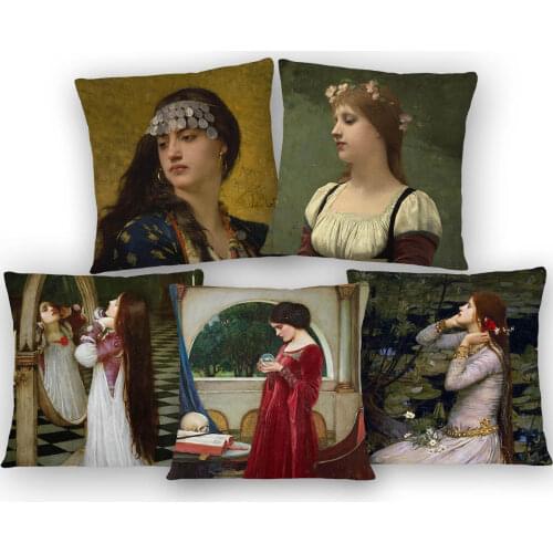 Lady Girl Painting Cushion Covers Flower Beauty Portrait Beige Linen White Polyester Pillow Case 45X45cm 30X50cm Sofa Decoration