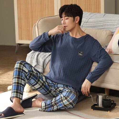 Solid Striped Boy Pullover Long Sleeve Trousers Pajamas Man Jammies O-Neck Casual Sleepwear Nightwear Pyjamas PURE Cotton HDE