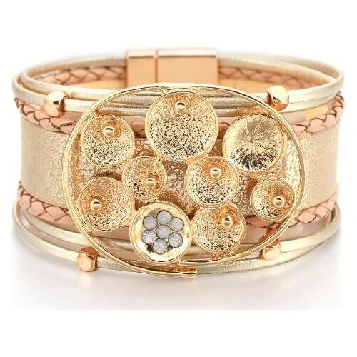 Exaggerated New Creative Fashion Bracelet Blooming Series Ethnic Style Inlaid Crystal Magnetic Buckle Leather Bracelet Wholesale