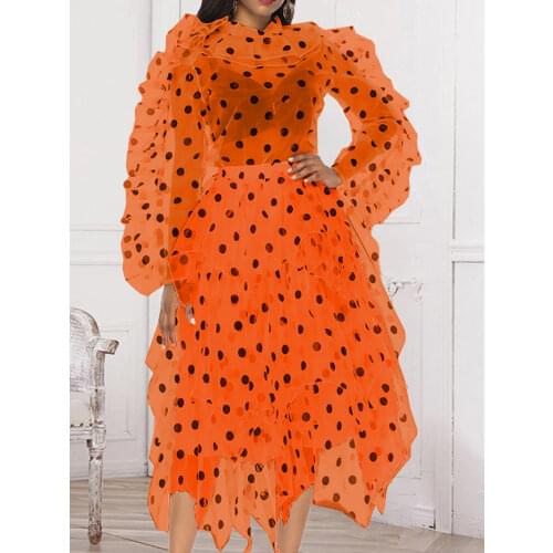 See Through Two Piece Set Ruffles Polka Dot Transparent Long Sleeve Tops and Skirt Organza Evening Birthday Party Skirts Suits