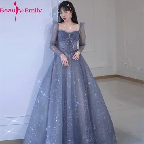 Romantic Square Collar Luxurious Beading Women Evening Dress Long Fashion Long Sleeve Shining Sequined Evening Gowns for Women