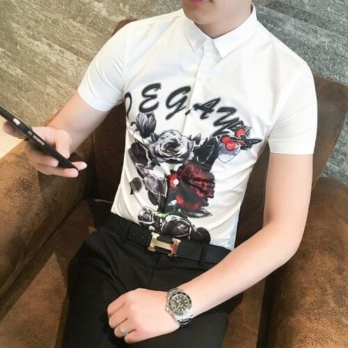 New Summer wind rose nightclub shirt sleeves printed short sleeved shirts and white men microejection 1647P50