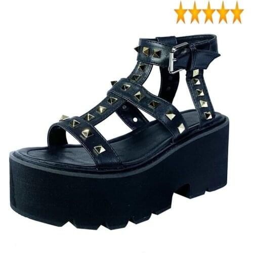 Women Rivets Open Toe Platform 8 CM High Heel Summer Shoes Rome Style Ankle Strap Narrow Band Black Wedges Sandals