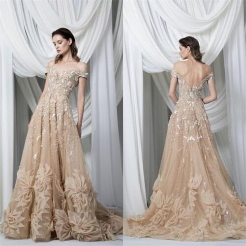 Champagne Evening Dresses Sexy Off Shoulder Lace Appliques Prom Gowns Custom Made Sweep Train A Line Special Occasion Dress