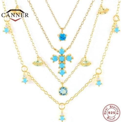 CANNER Sterling Silver Zircon Turquoise Cross Pendant Chain Necklace for Women Men Party Wedding Necklaces Jewelry Accessories