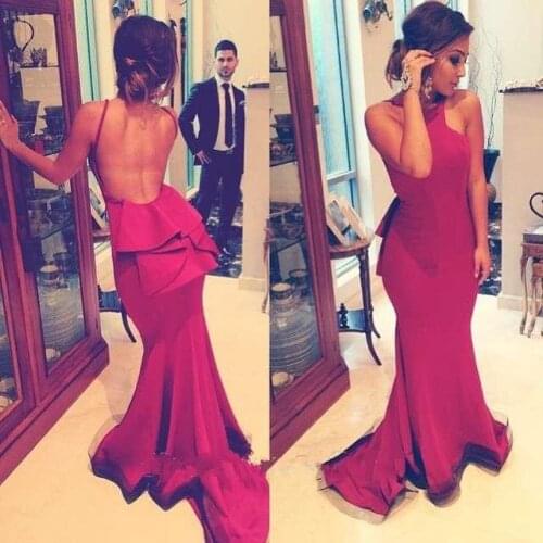 Vestido De Festa Red Satin Mermaid Evening Dresses 2019 Long Evening dresses Party Gown Pleat Sexy Backless Evening Prom Dress