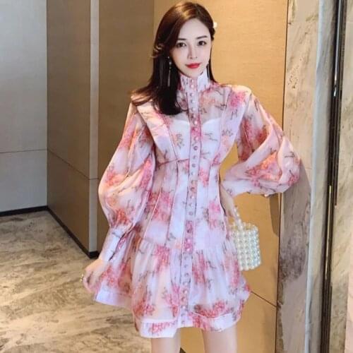 Female Casual Loose Stand Collar Dresses Women Single Breasted Long Lantern Sleeve Panelled Print Ruffles Party Dress