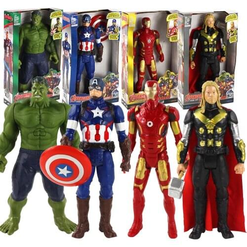 4pcs/set 29-30cm Marvel Avengers Iron Man Thor Hulk Captain America with LED Sound Voice Movable Statue PVC Figure Toys