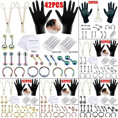 42pcs 20pcs Tongue Nose Belly Button Body Jewelry Piercing Rings Clamp Gloves Needles Tool Kit Professional Body Piercing Tool