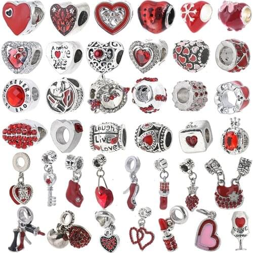 2Pcs Silver Plated Romantic Crystal Heart Lips Lipstick Charms Beads Pendant Fit Brand Bracelets For Women DIY Jewelry Making