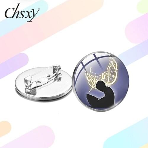 CHSXY Ramadan Eid Mubarak Theme Brooch Glass Cabochon Muslim Islam Ramadan Festival Party Badges Silver Plated for Muslim Gifts