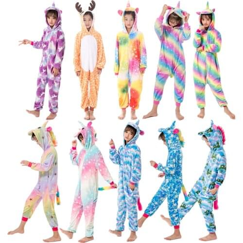Kigurumi Childrens Sleepwear for Boys Girls Unicorn Pajamas Flannel Kids Stich Unicornio Pijamas Set Animal Winter Onesies