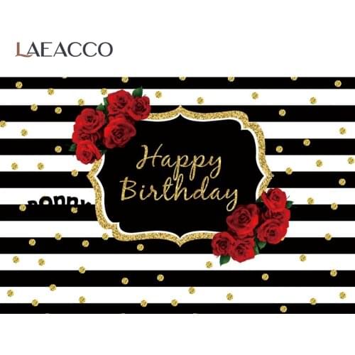 Laeacco Black White Stripe Gold Dot Rose Flower Happy Birthday Photo Background Party Poster Photography Backdrop Photo Studio
