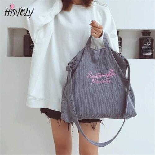 HISUELY Korean Women Corduroy Canvas Shoulder Bag Ladies Casual Tote Shopping Bag Hand Bags For Female Messenger Fashion Handbag