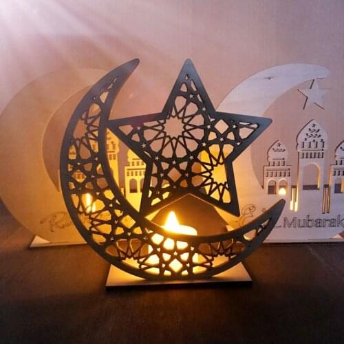 EID Mubarak Wooden Pendant Ramadan Decoration LED Candles Light Moon Star Wooden Crafts Eid Mubarak Decor For Home Eid AL Adha