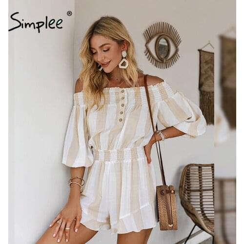 Simplee Off shoulder stripe ruffled summer romper women Fashion office work lantern sleeve playsuit Casual spring jumpsuit